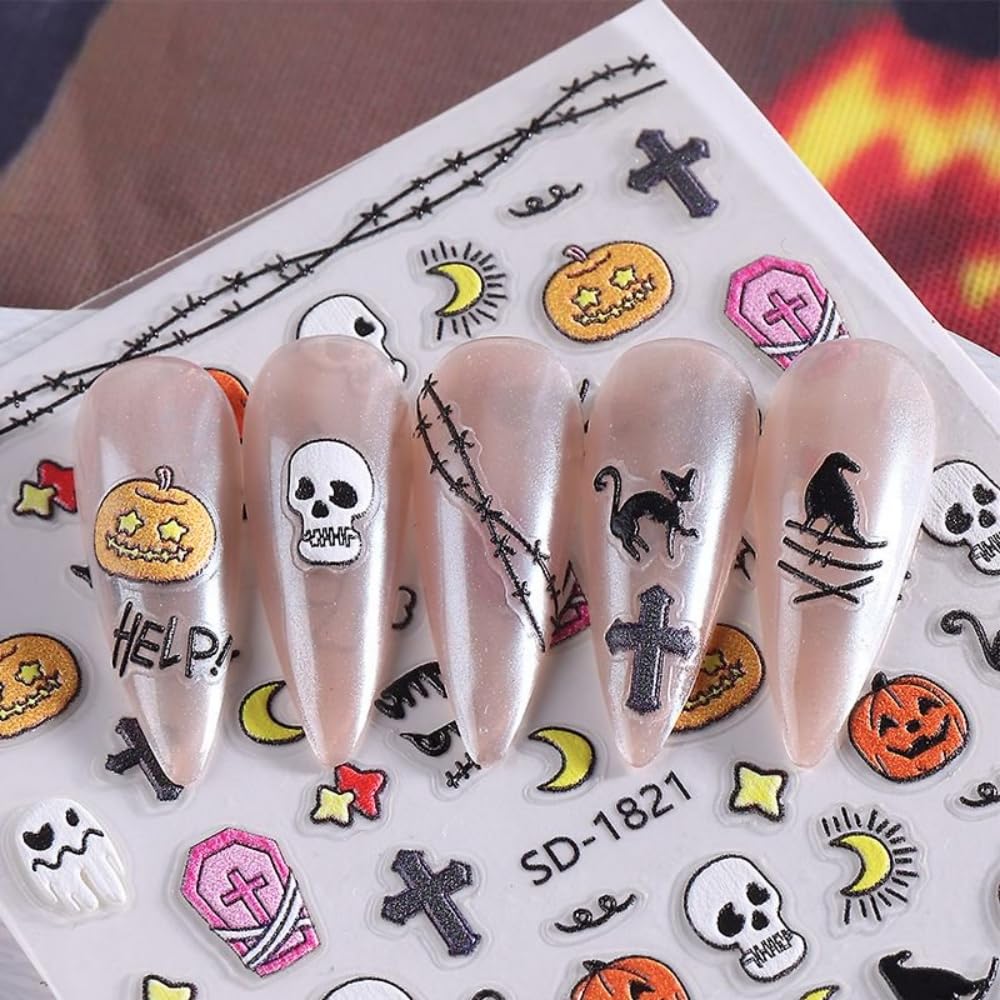 Halloween Nail Stickers Cute Ghost Nail Designs 3D Self-Adhesive Coffin Spider Web Pumpkin Nail Decals 5D Embossed Star Moon Bat Nails Supplies for Women Holiday DIY Manicure 5 Sheets