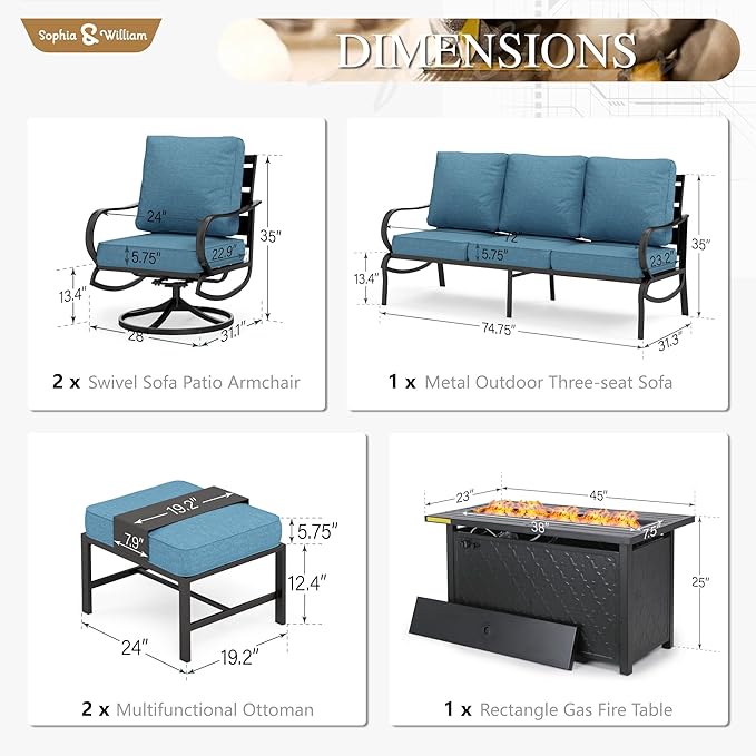 Sophia & William Patio Furniture Sets with 45" Gas Fire Pit Table for 7 Outdoor Conversation Sets 6 Pcs, 2 x Swivel Cushioned Sofa Chairs, 1x3-Seat Sofa, 2xOttomans for Backyard Poolside Navy