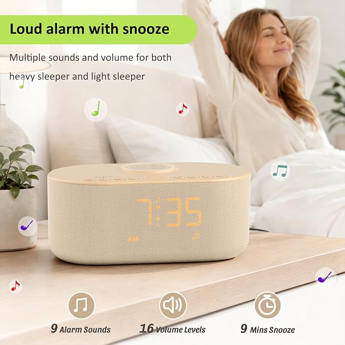 DreamSky Alarm Clock Radio with Wireless Charging and Bluetooth Speaker