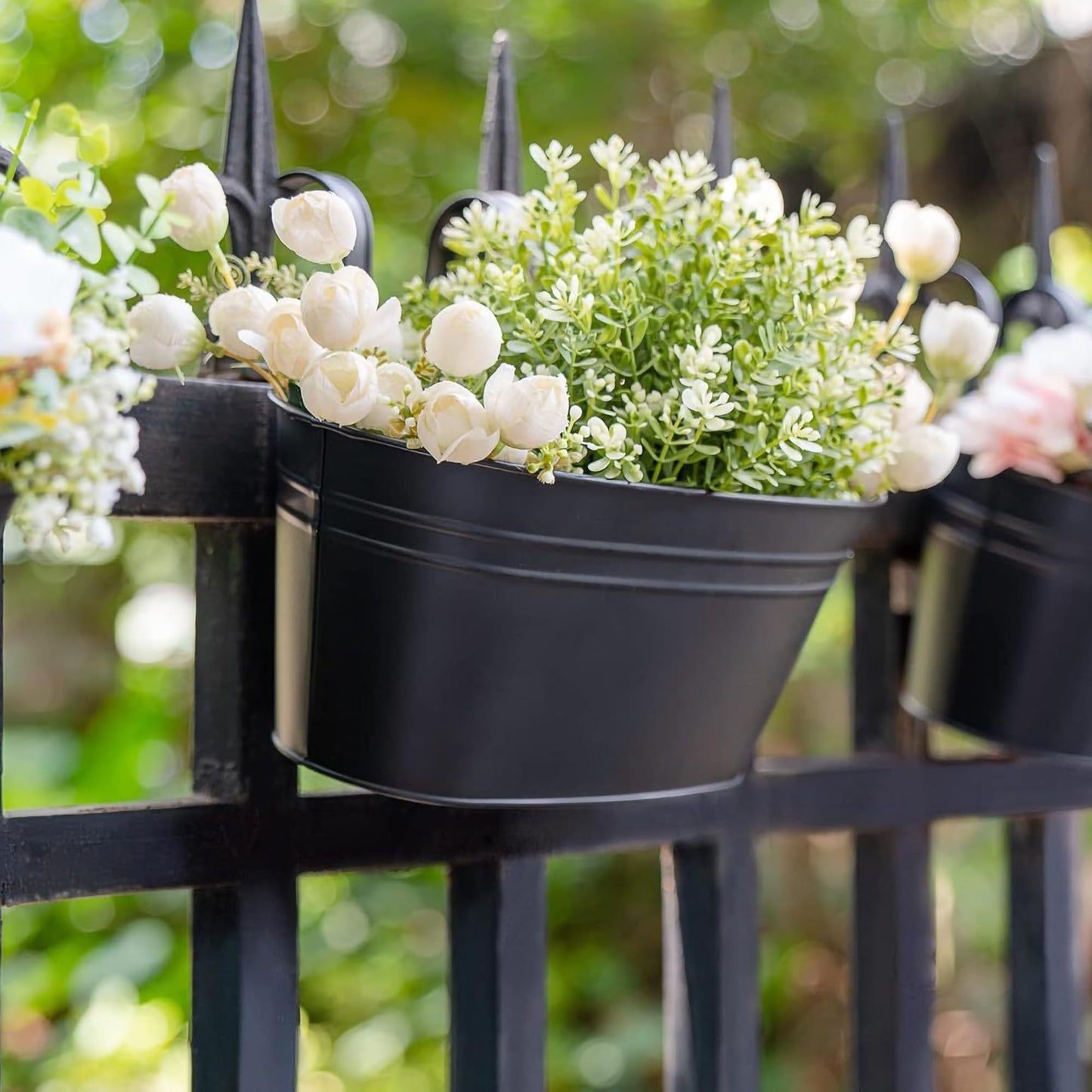 GYATSOCYG 10.6" Oval Iron Hanging Flower Pots - Rust-Resistant Metal Planters with Detachable Hooks for Garden, Yard & Home Decor (Black,5 PCS)
