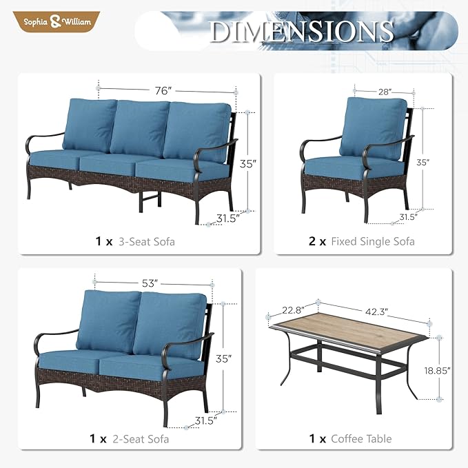 Sophia & William Patio Furniture Set, 5 Piece Metal Outdoor Conversation Set with 3-Seater Outdoor Couch, 2 Sofa Chairs, 1 Loveseat,1 Coffee Table for Outdoor Seating, Backyard, Porch(Navy)