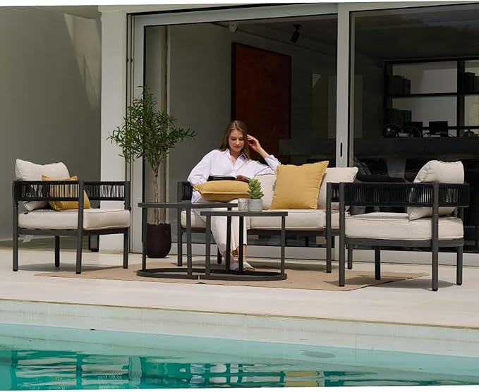 Grand patio 5-Piece Outdoor Furniture Set, 4 Seats Wicker Sofa Conversation Set with Thick Cushions and Coffee Table, for Backyard, Balcony, Garden (Beige)
