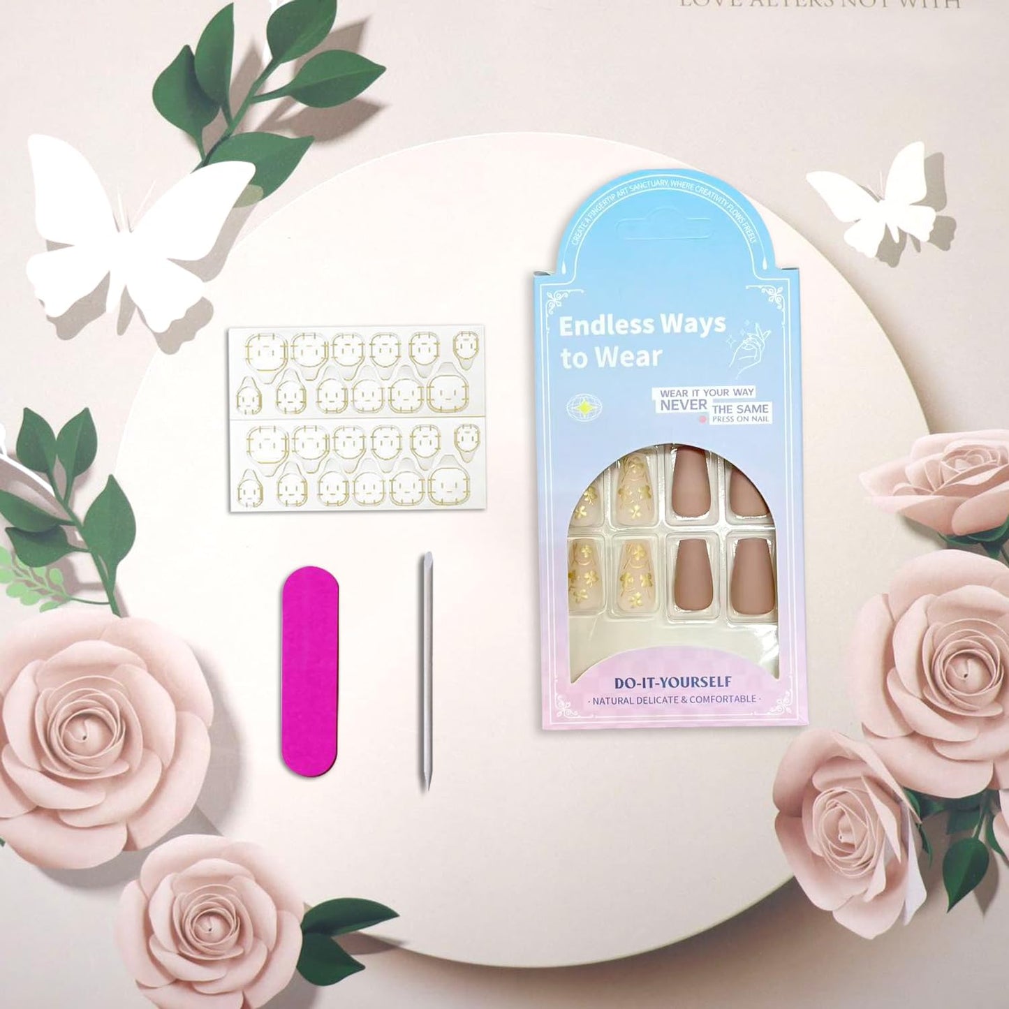 Vopintpy 3D Gold Flower Press on Nails Short Square Fake Nails with Design Matte Acrylic Glue on Nail Reusable Full Cover Artificial Stick on Nail for Women DIY Manicure
