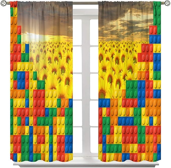 Colorful Building Blocks Sunflower Flower 3D Toy Printed Curtains, Building Blocks, Floral Sunflower Curtains, Interesting Brick 3D Design, Boys and Girls Room Curtain Panels, 2 Panels 72x63in