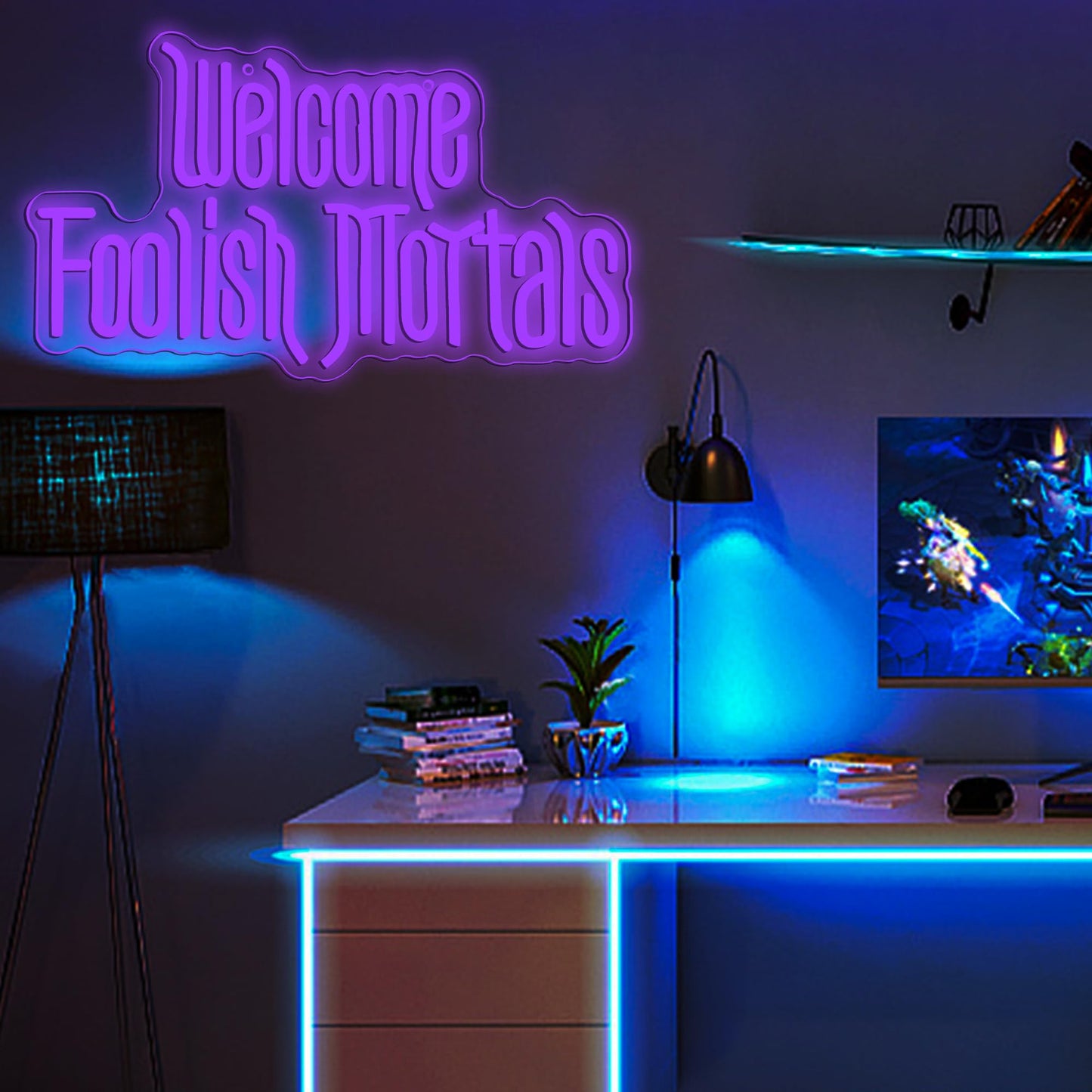 Welcome Foolish Mortals Neon Sign,Dimmable Spooky Gothic Purple Haunted Mansion Coffin LED Neon Signs for Wall Decor,USB Powered Led Neon Light for Haunted House Man Cave Halloween Party Birthday Gifts