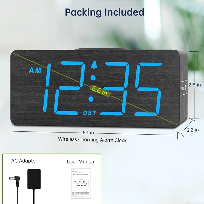 DreamSky Wooden Digital Alarm Clock with Wireless Charging for Bedroom