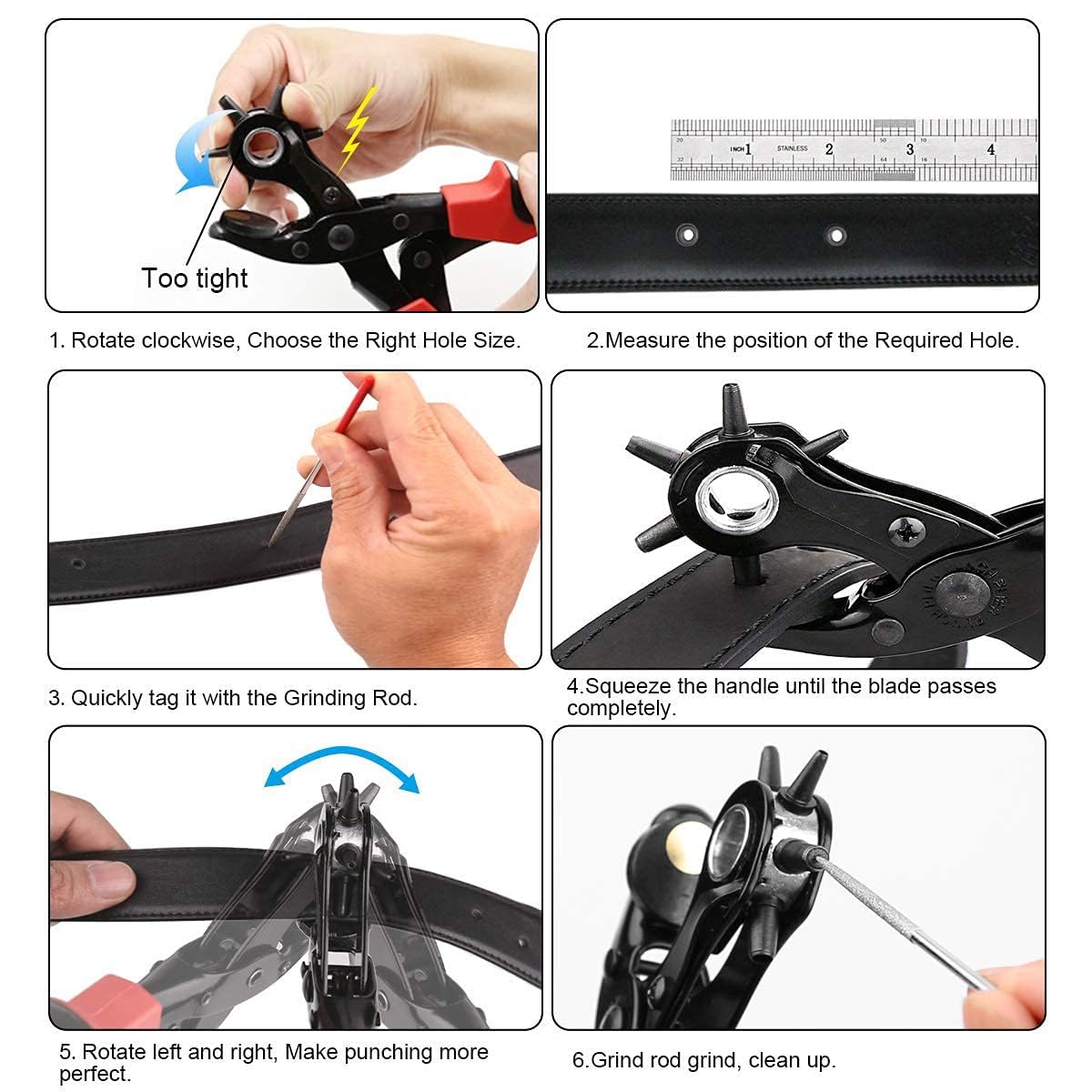 Belt Hole Puncher with 240 Sets of Leather Rivets - Updated Hole Sizes Puncher for Belt, Watch Band, Strap, Dog Collar, Saddle, Shoes, Fabric, DIY Home or Craft Project
