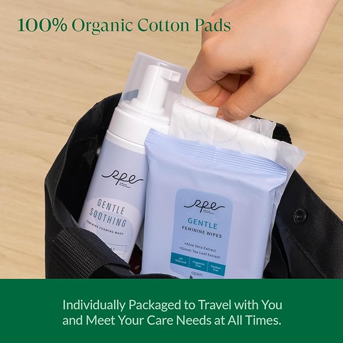 Feminine Care Bundle, Period Essentials 100% Organic Cotton Pads for Women, Size 2,3,5 Sanitary Napkins 124 Ct, Flushable Gentle Feminine Wet Wipes, Plant-Based Soothing Feminine Wash