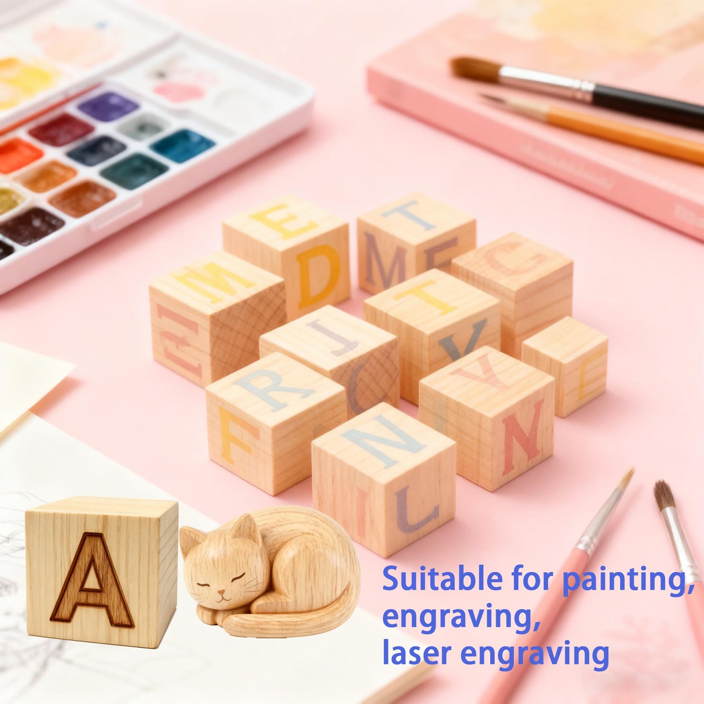 64PCS2-inch Blank Pine Wood Blocks, Suitable for Crafts, Carving, Laser Engraving. Shower Party Decorations.