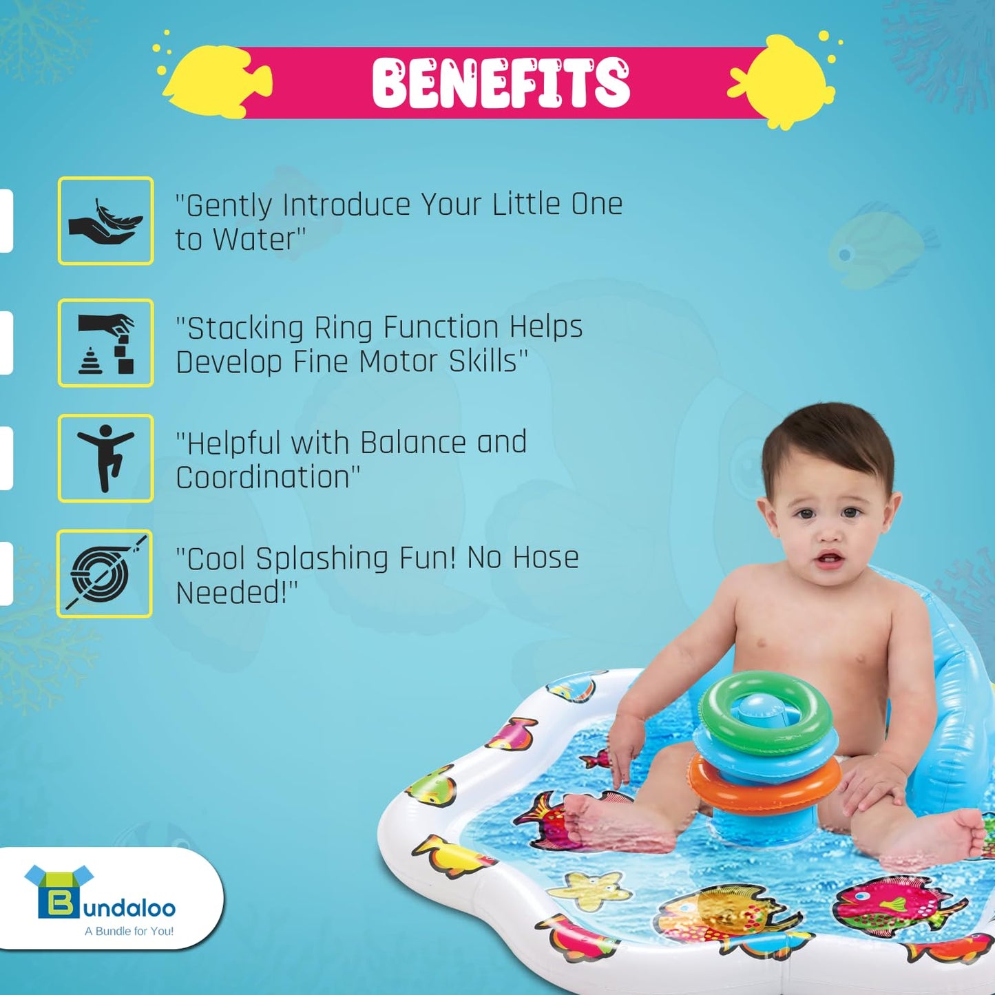 Bundaloo Baby Splash Pad with Inflatable Backrest and Stackable Ring Toys β Sensory Water Play Mat for Infants and Toddlers β Summer Outdoor Fun