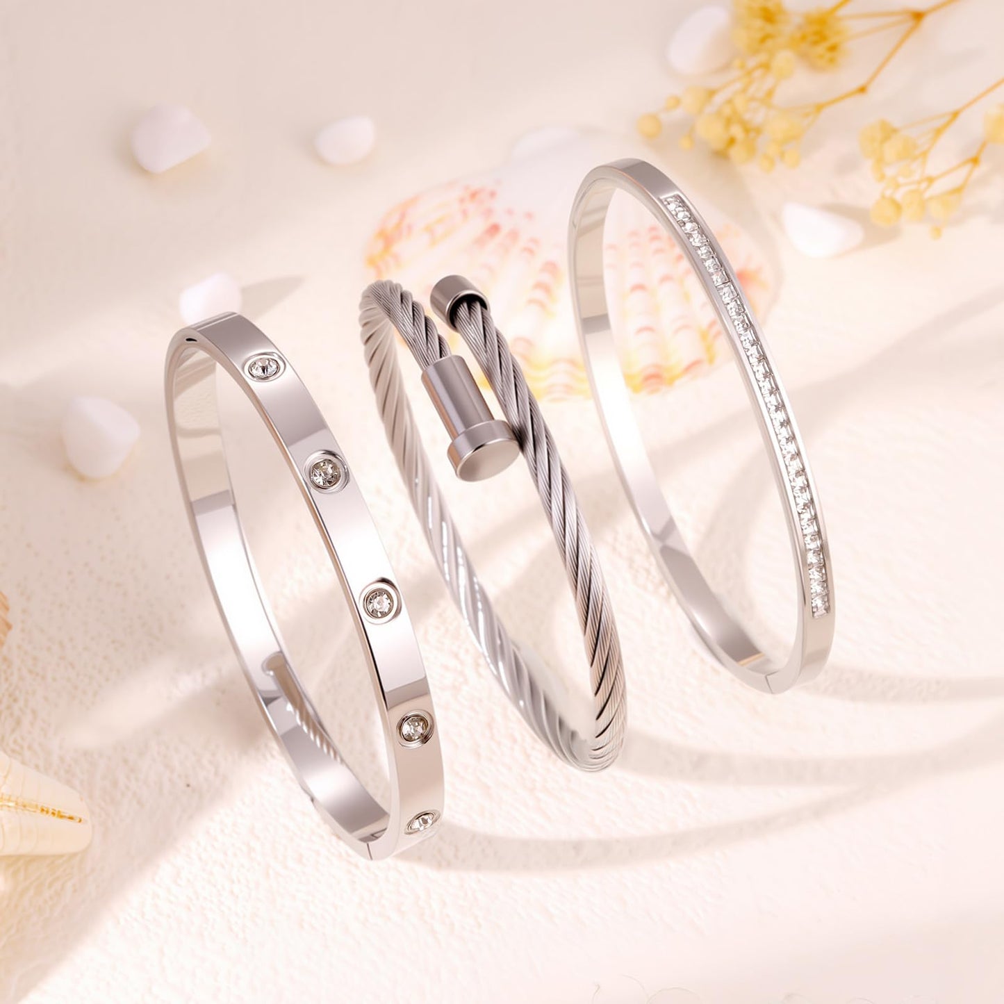 Camhanno Gold Bracelets for Women - Crystal Stackable Bangles with Friendship & Love Theme - Stainless Steel Jewelry, Ideal Birthday Gift (Style 7)