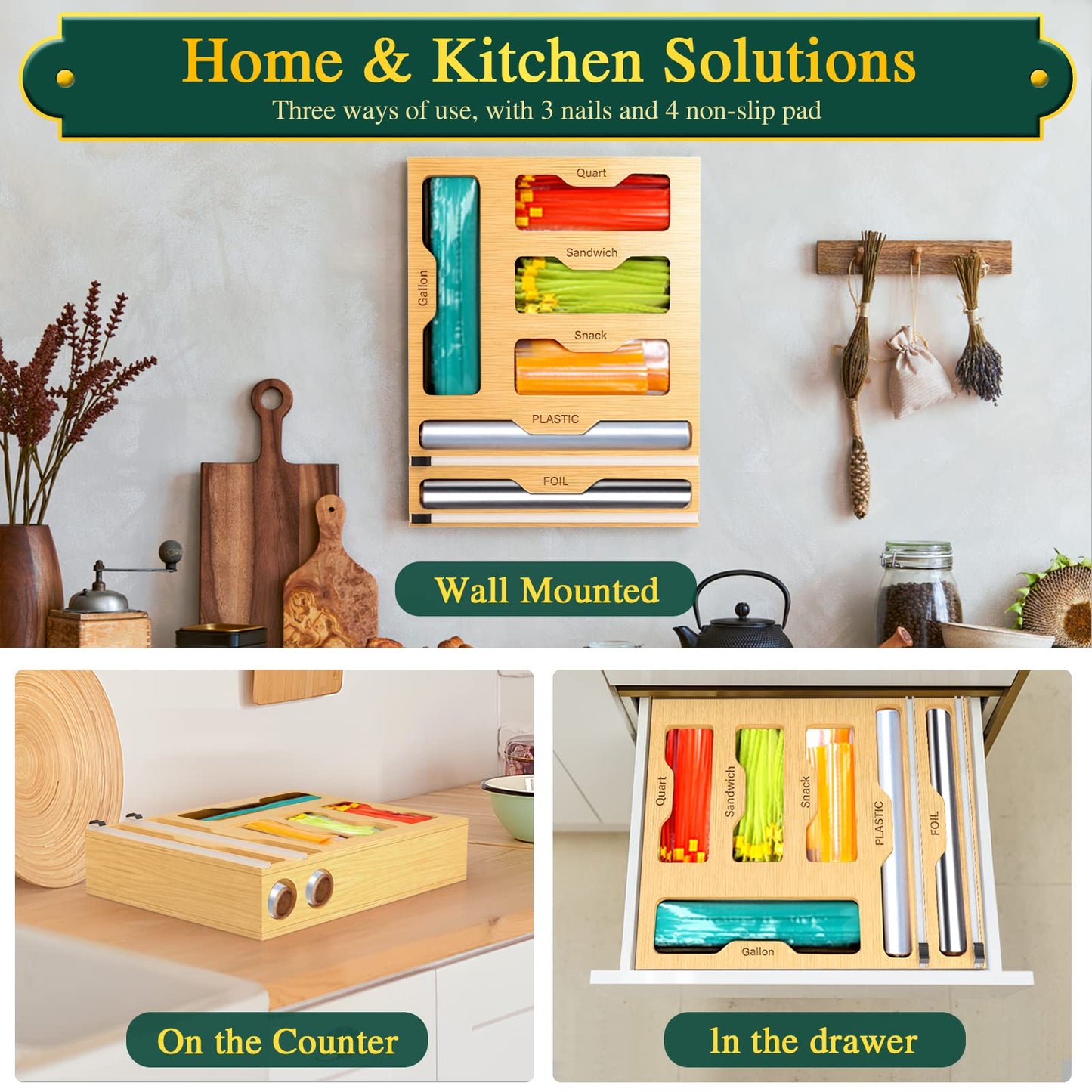 KOCWELL Bag Organizer and Plastic Wrap Dispenser with Cutter, 6 In 1 Bamboo Foil and Plastic Wrap Organizer for Kitchen Drawer, Food Storage Bag Organizer for Gallon,Quart,Sandwich,Snack(Yellow)