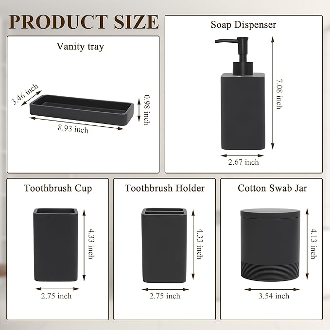 Bathroom Accessories Set, 6 Piece Bathroom Set with Toothbrush Holders, Soap Dispenser, Vanity Tray, Tumbler, Cotton Swab Jars, Bathroom Organizer,Bathroom Sink Sets, Matte Black
