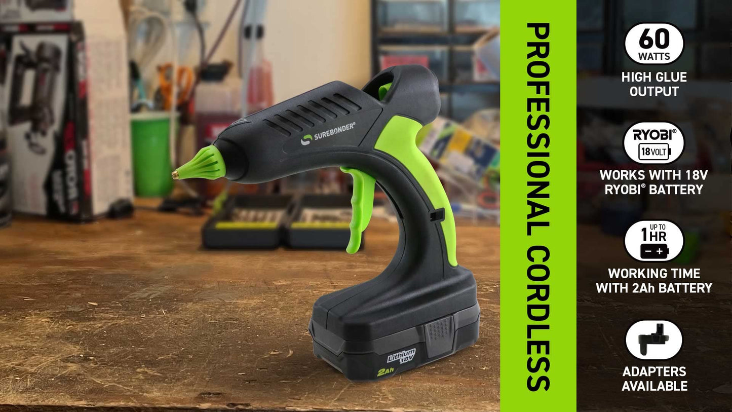 Surebonder 18V Ryobi Battery Powered Fully Cordless Hot Glue Gun, Professional, Full Size for DIY, Crafting, Repairs, 60 Watt, Battery and Charger NOT Included - Tool Only