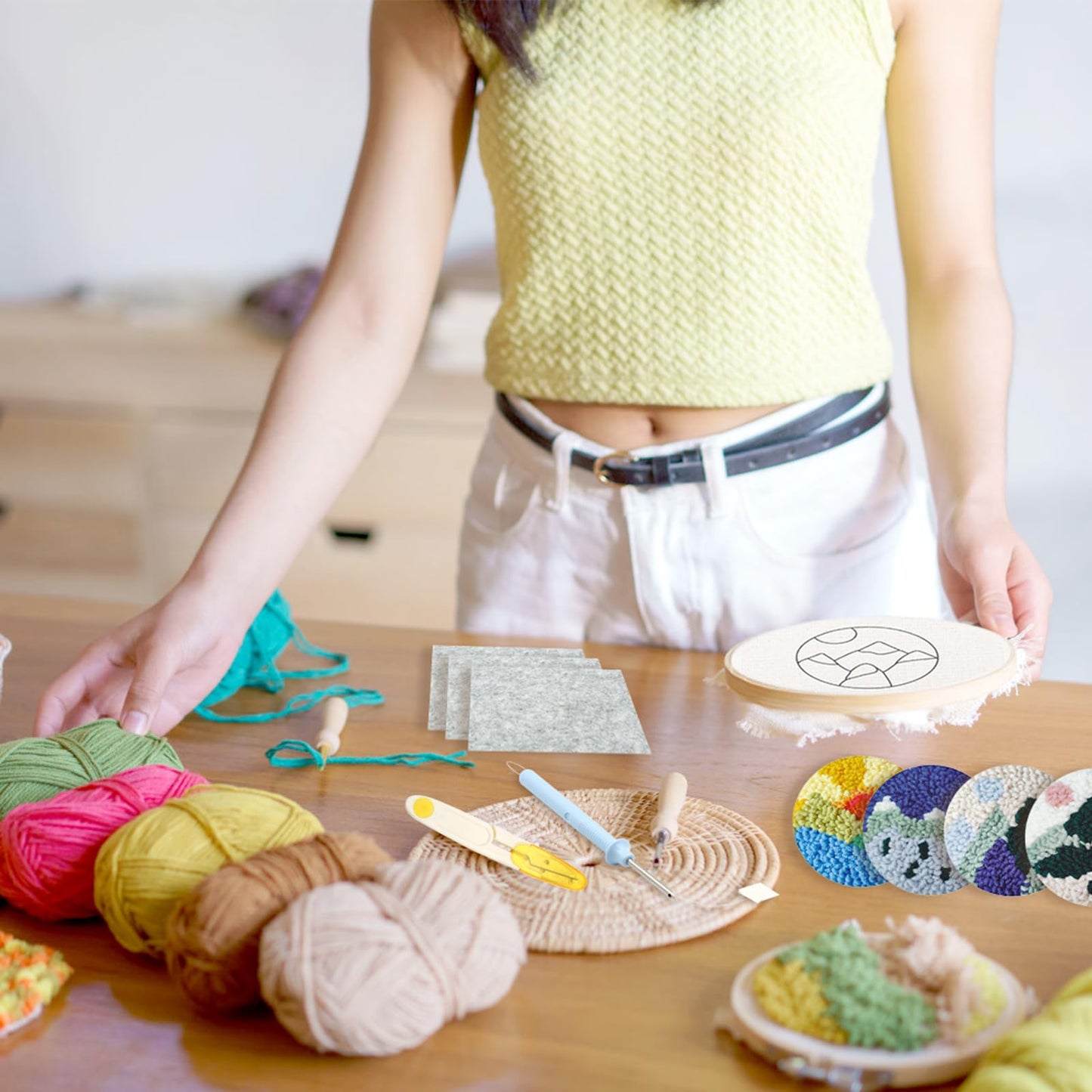 Soleeya 8-Piece Punch Needle Coaster Kit for Adults Beginners | DIY Landscape Patterns with Yarn, Hoop, Needle | Relaxing Rug Tufting Embroidery Craft Gift