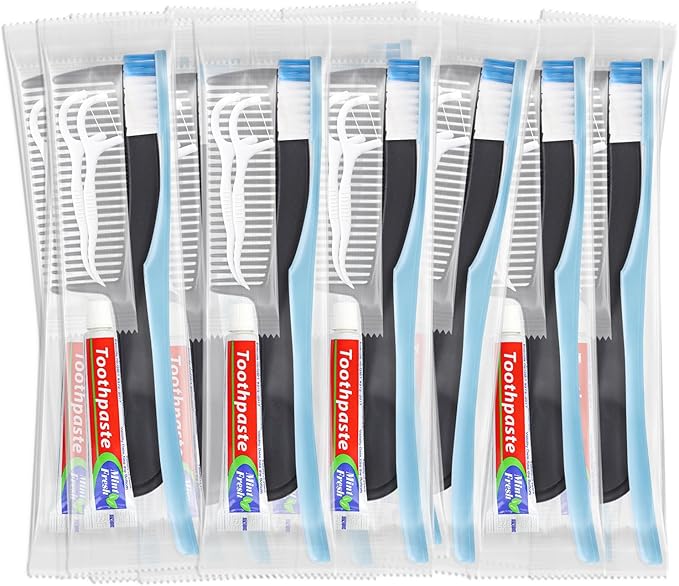 100 Sets Disposable Toothbrushes with Toothpaste Floss Comb Individually Wrapped, Disposable Toothbrush Bulk, 10g Toothpaste,Dental Floss,6in Comb Bulk Toothbrush Kit for Homeless,Airbnb,Hotel