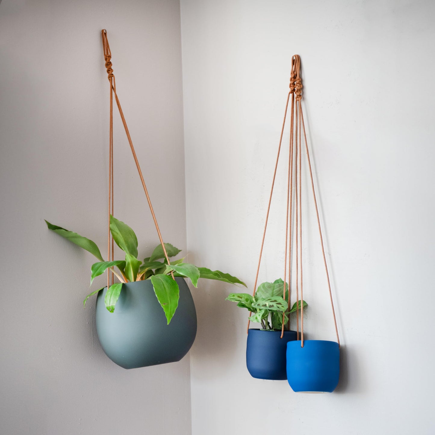 Bloomingville Hanging Stoneware Planter with Leather Rope Hanger, Latex Finish, Blue