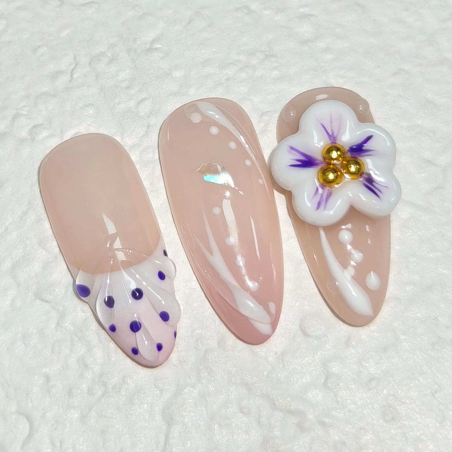 TENPAL Handmade Soft Lilac French Tips Press on Nails Medium Almond with 3D Glitter Floral & Pearl, Handmade & Reusable, Sheer Flattering False Nails for Everyday Summer Wear 10PCS(S)