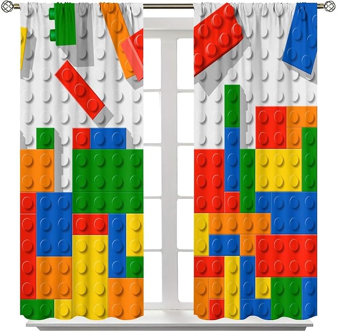 Building Blocks Toy Curtain Rod Pocket Children's Nursery Abstract Outline Colorful Plastic Toy Brick Geometric Print Pattern Curtain Boys Girls Bedroom Playroom 2 Panels 42x63in