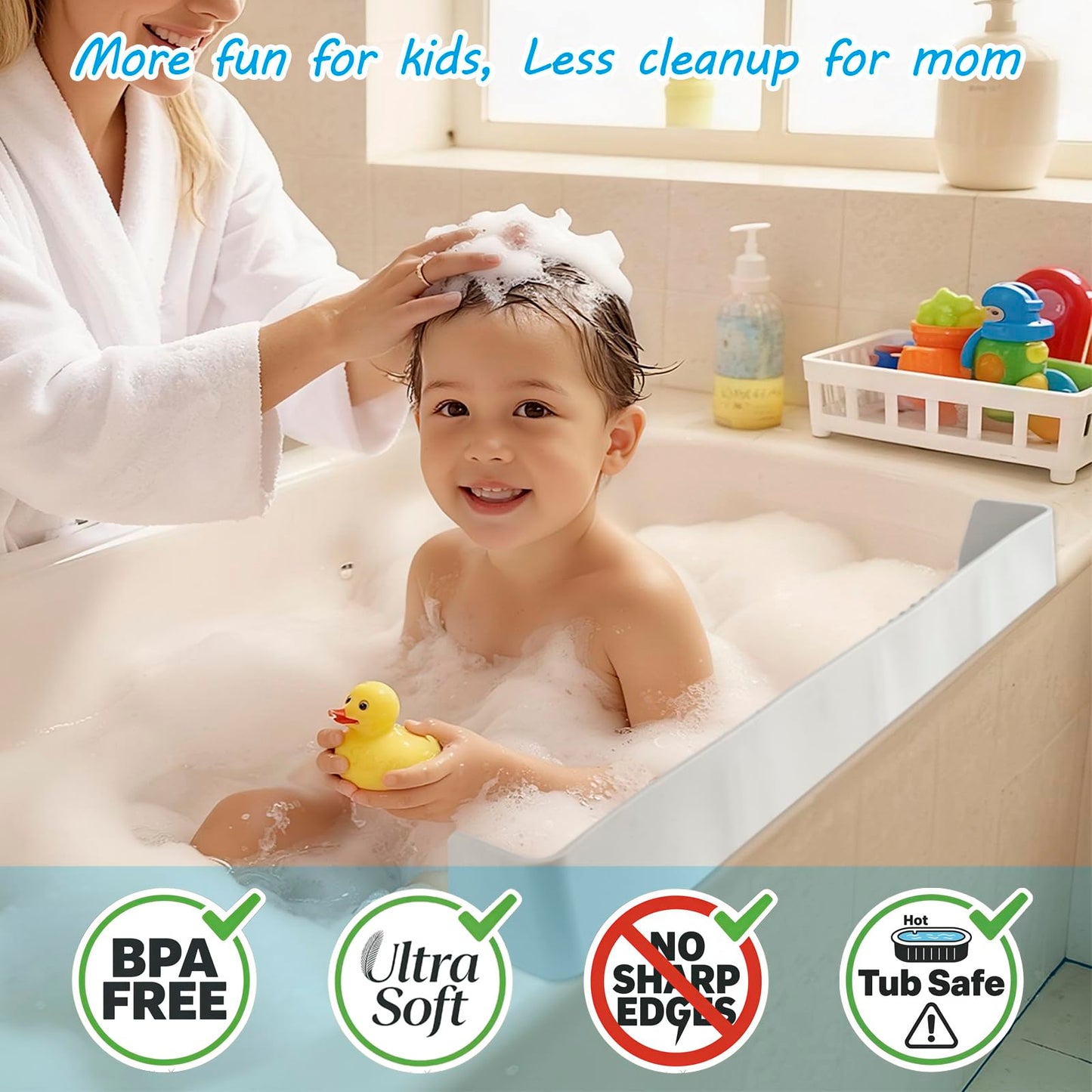 Longer Bathtub Splash Guard for Kids, Soft Silicone Tub Water Guards Toy Tray Holder for Toddlers, Bathtub Topper Splash Guard with Strong Suction Cups, Prevent Water Spills in Bathroom (2.6FT Grey)