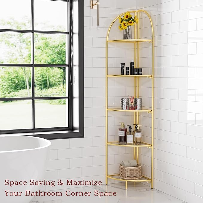 Crofy Foldable 5 Tier Corner Shelf, Metal Corner Plant Stand with Gold Frame and Transparent Shelves, Corner Display Rack Multipurpose Shelving Unit for Living Room, Bedroom, Bathroom