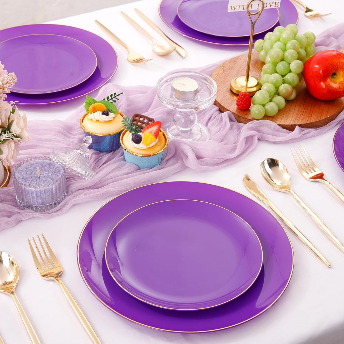 PULOTE 100PCS Purple Plastic Plates - Purple and Gold Disposable Include 50 Each (10.25 Inch Dinner & 7.5 Inch Dessert) Plates, Ideal for Halloween Party