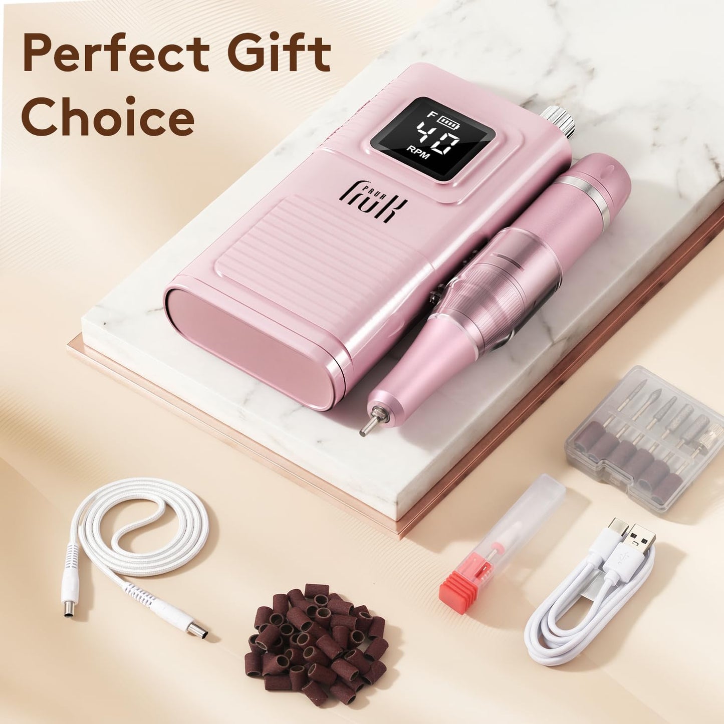 Pruk Professional Electric Nail Drill Kit, Portable 40000RPM Cordless E-File with LCD Display, 7 Drill Bits & 56 Sanding Bands, Manicure Nail Machine for Salon Home, Training & Travel, Pink