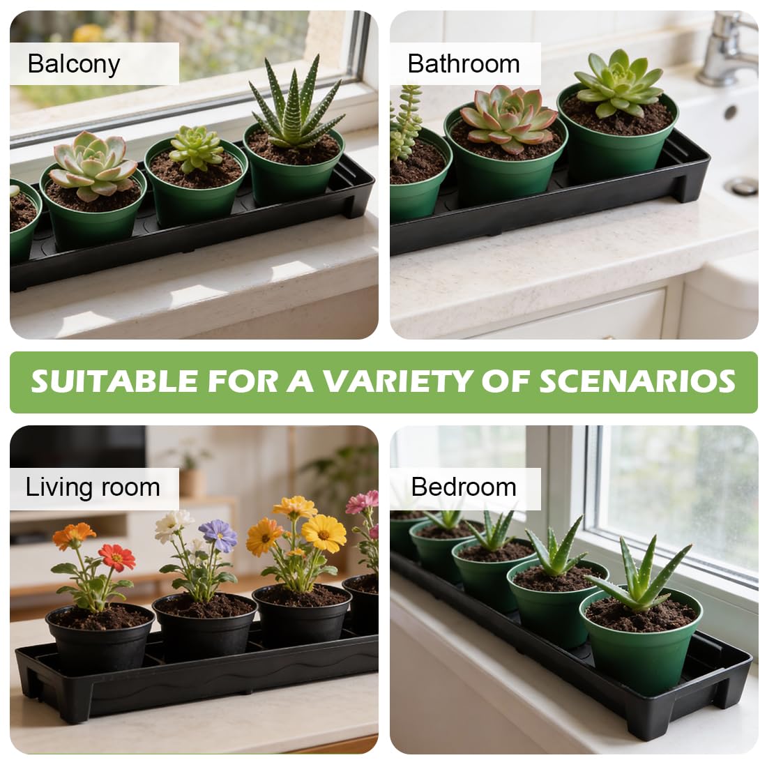 RooTrimmer 10 Pack Plastic Windowsill Saucer (17"x3"x1.5"), Rectangular Window Sill Plant Pot Trays with Removable Drainage Hole, Thick Plant Saucer Tray for 2.8 inch (7CM) Flower Nursery Pots (Black)