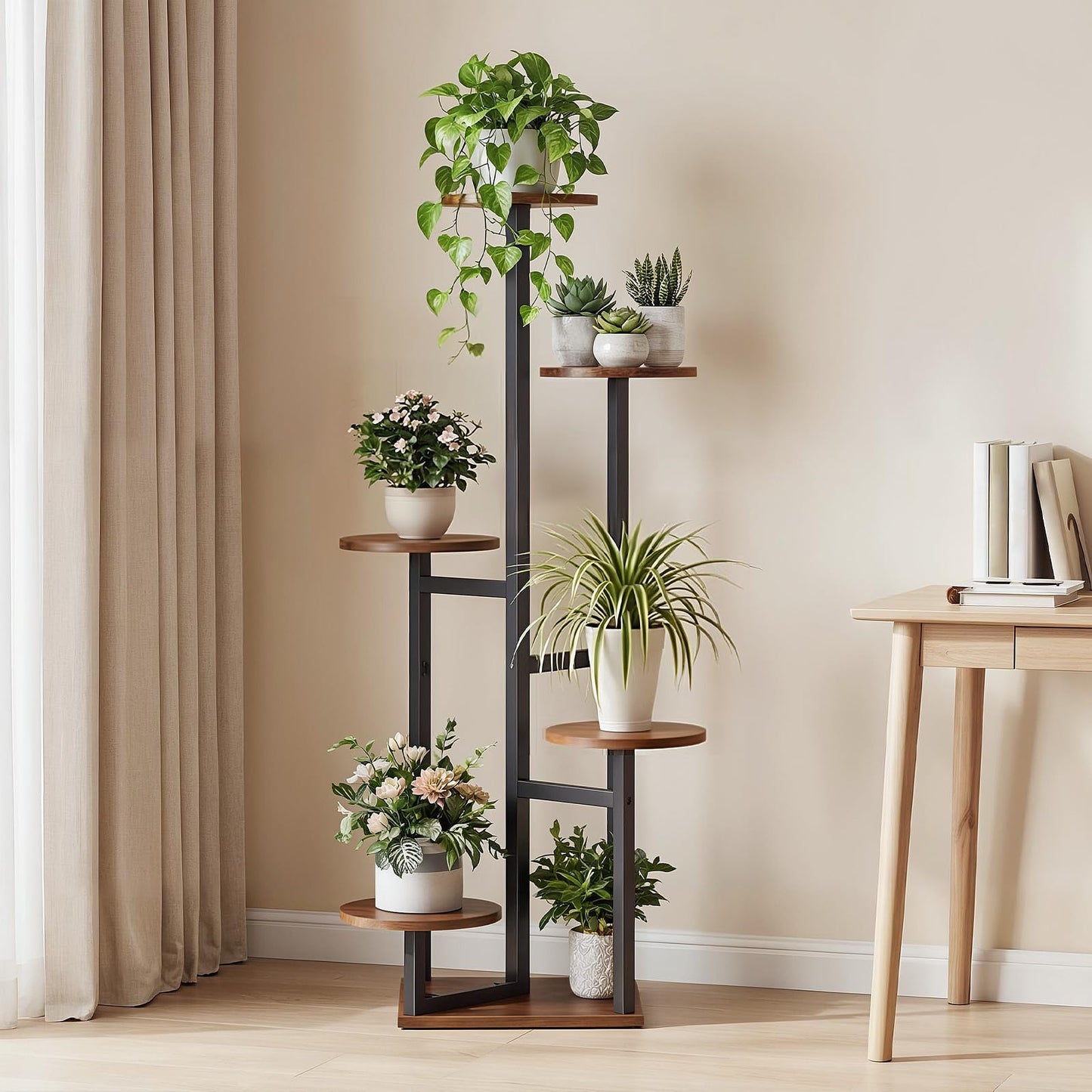 HOOBRO 5-Tier Corner Plant Stand Indoor, Round Vertical Plant Shelf for Small Spaces, Space Saving Flower Rack for Living Room, Balcony & Patio, Rustic Brown and Black BF05HJ01