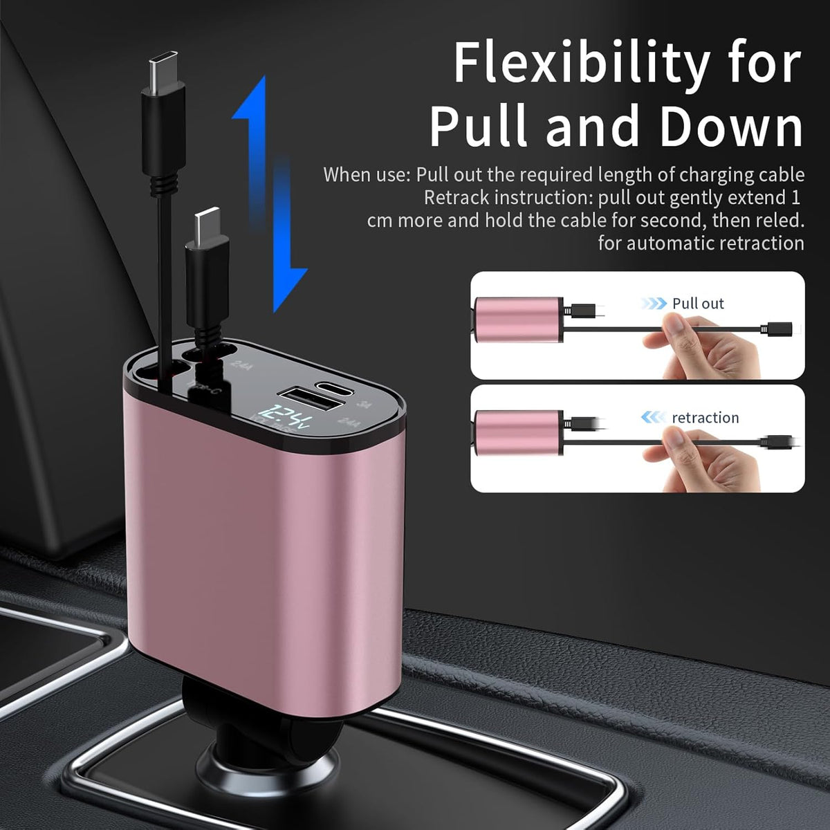 Retractable Car Charger, 4 in 1 Fast Charging 69W Cigarette Lighter Adapter Compatible with iPhone 16,Retractable Phone Charger Compatible with iPhone 16 15 14 13 12 11 Pro Max,Galaxy S25 S24,Pixel 9