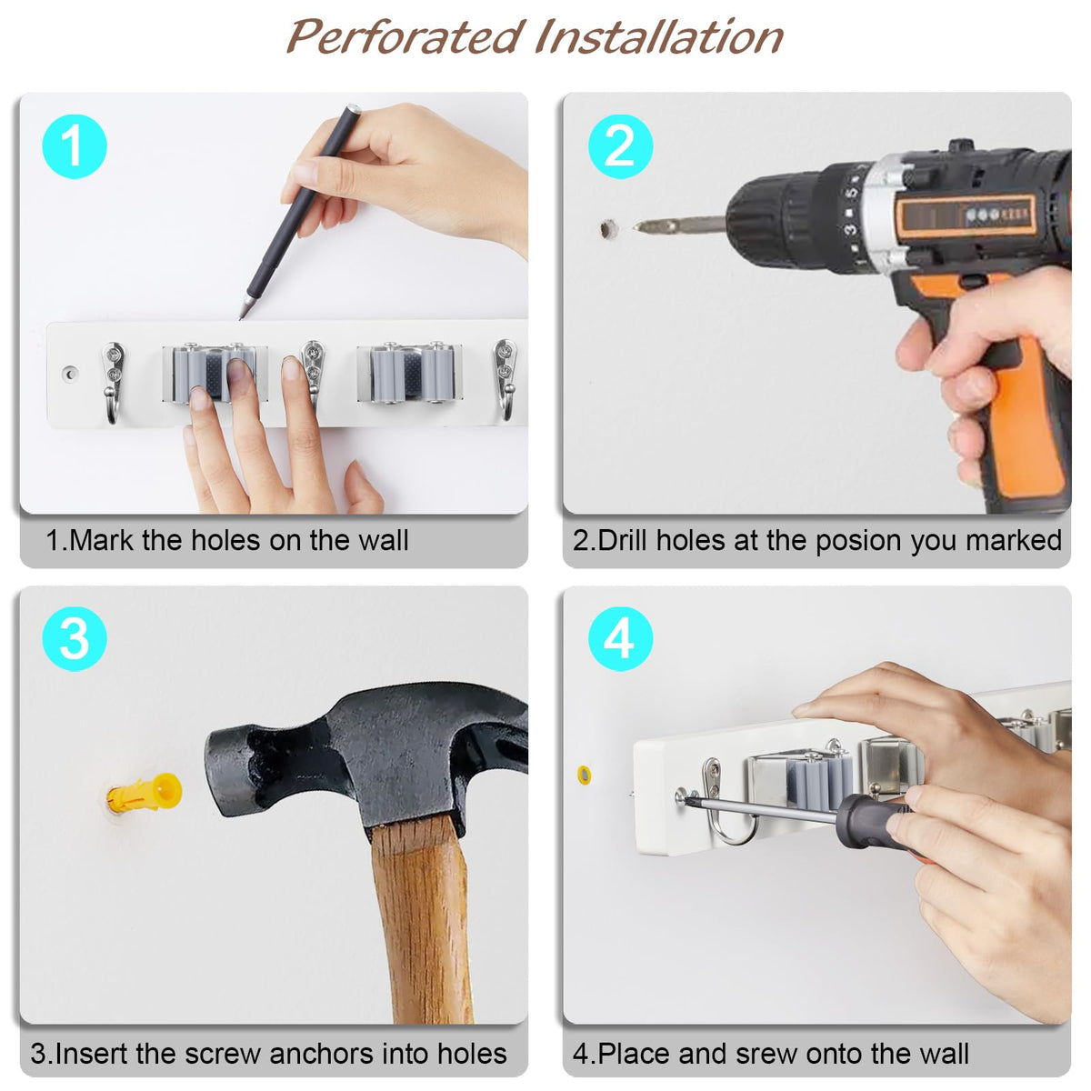 White Mop Broom Holder Wall Mount with 3 Slots & 4 Hooks