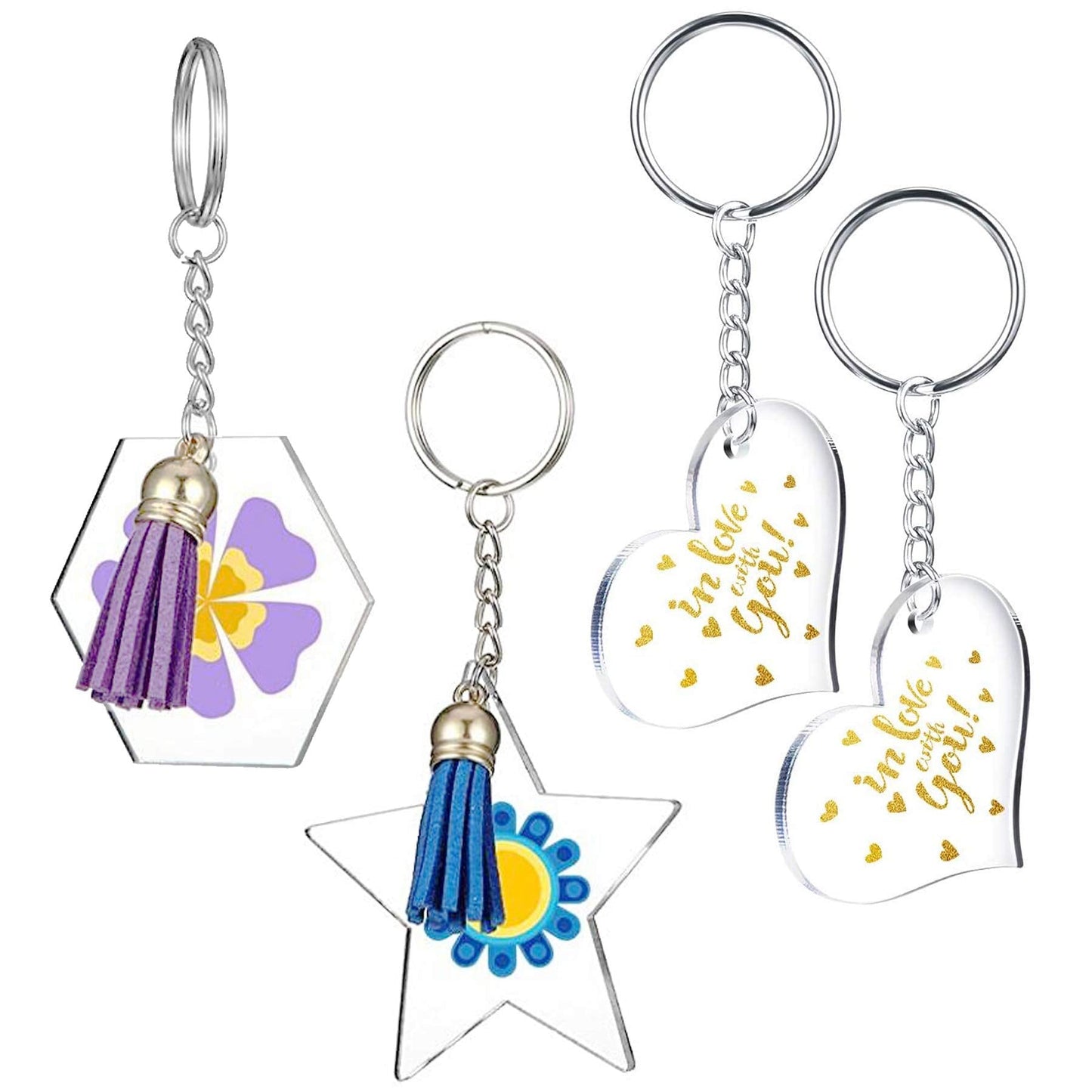 Allazone 8 Style Acrylic Transparent Circle Discs Set, Acrylic Clear Keychain Blanks, Keychain, Mini Tassels, Ball Chain and Sticker for DIY Projects and Crafts