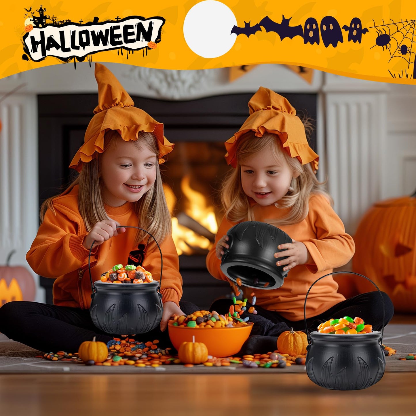 Halloween Decor - Halloween Party Decorations - Set of 3 Witches Cauldron Serving Bowls on Rack - Black Plastic Cauldron with Skeletons for Indoor Outdoor Home Kitchen Decoration