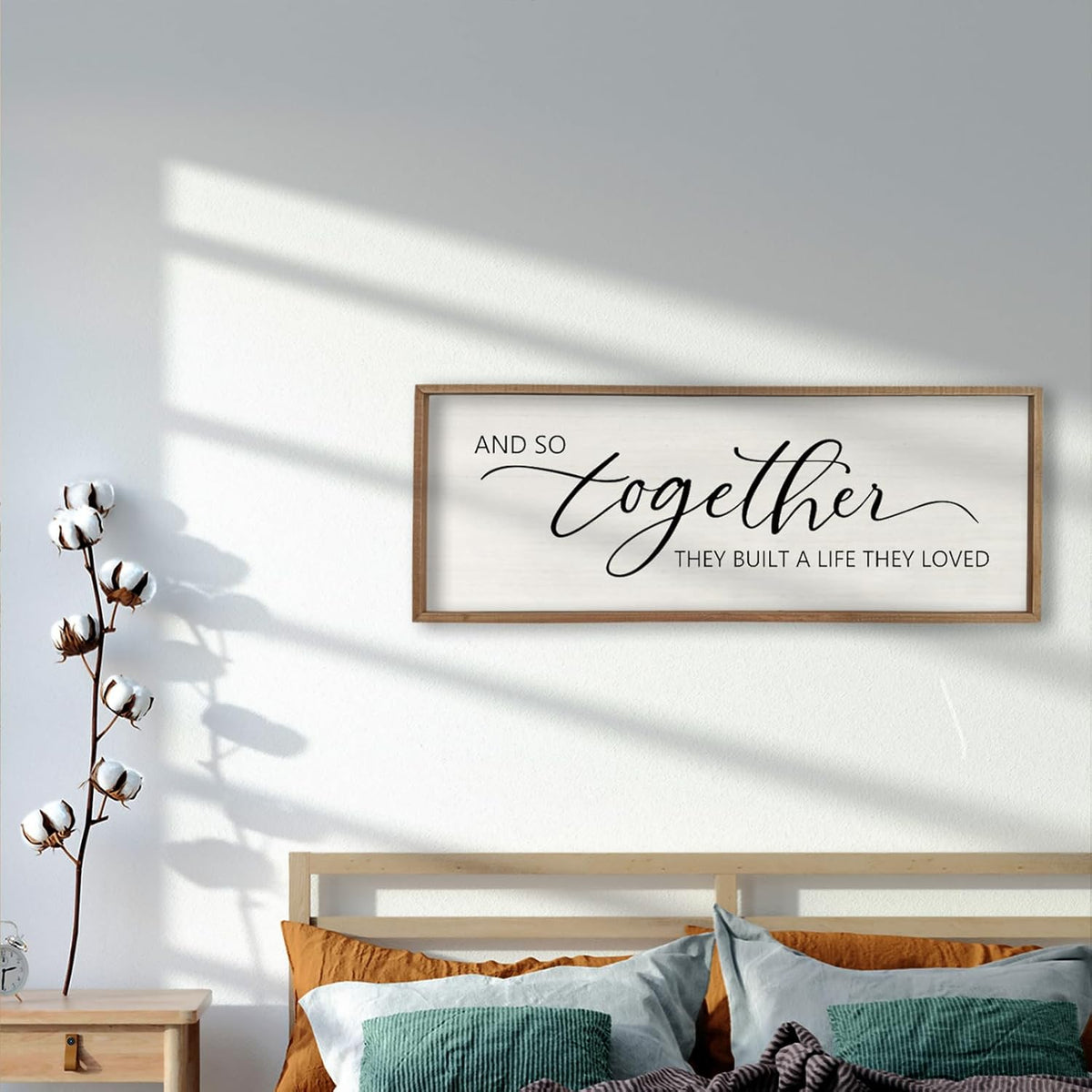 And So Together They Built A Life They Loved Framed Wood Farmhouse Sign - 32'X12' Master Bedroom Above Bed Wall Art for Love Sign Decor