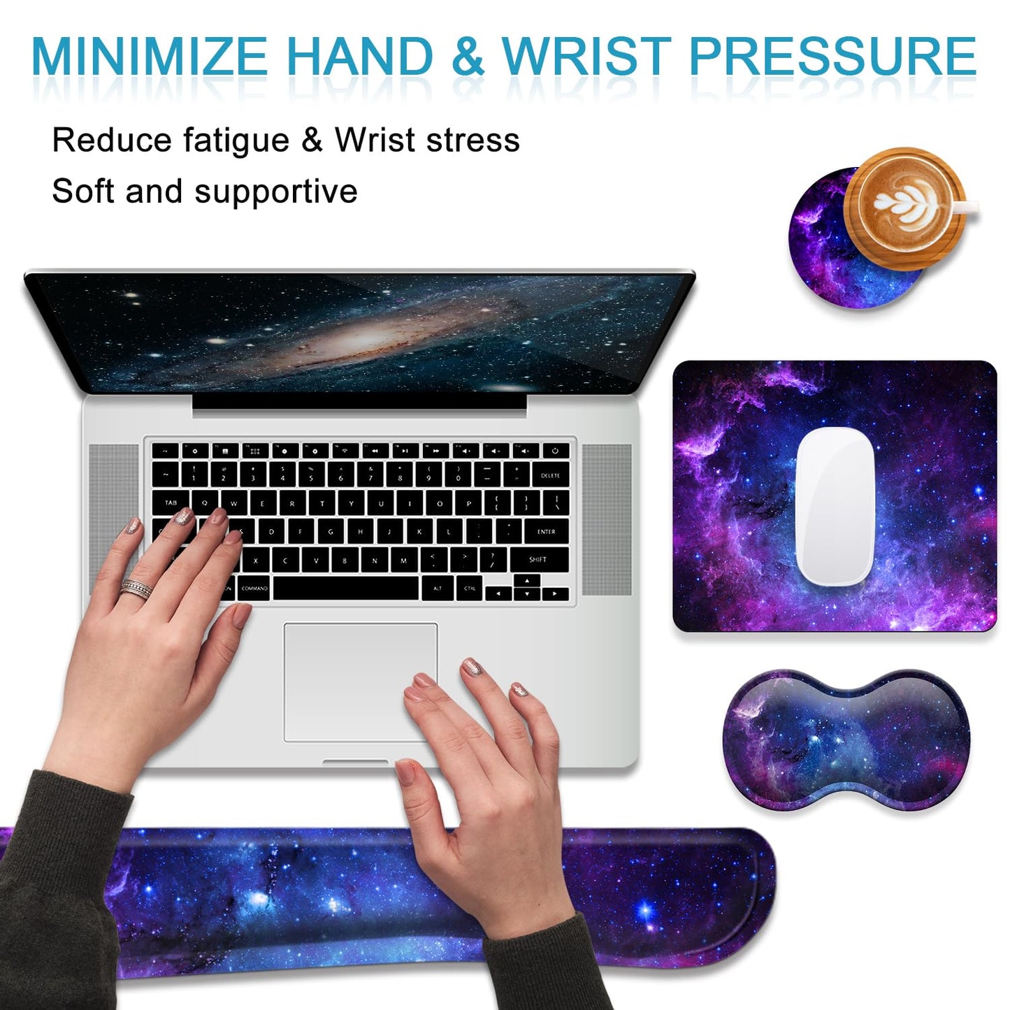 Keyboard Wrist Rest Support + Mouse Pad + Mouse Wrist Rest + Coaster, 4 PCS Set Ergonomic Memory Foam Mousepad with Durable Anti-Slip Rubber Base for Office, Home & Easy Typing Pain Relief, Galaxy