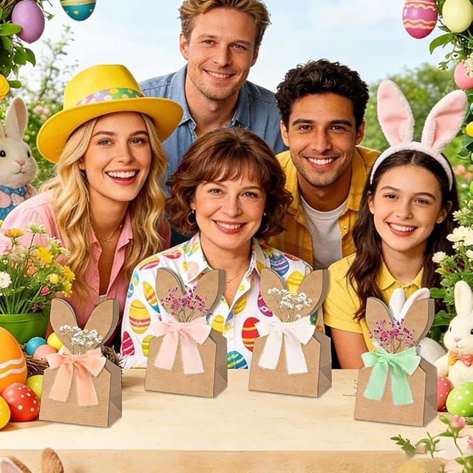 12 Set Boho Bow Easter Bunny Party Favor Bags, DIY Bunny Gift Boxes with Boho Neutral Bow Ribbon and Dried Flowers,Rustic Kraft Paper Rabbit Ears Treat Boxes Goodie Bags for Spring Holiday Decor(C)