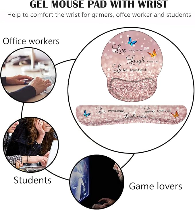 Keyboard Wrist Rest and Mouse Pad Wrist Support Set with Coasters, Non-Slip PU Base Ergonomic Gaming Mousepad for Home Office Working Studying Easy Typing & Pain Relief, Glitter Quote Live Laugh Love