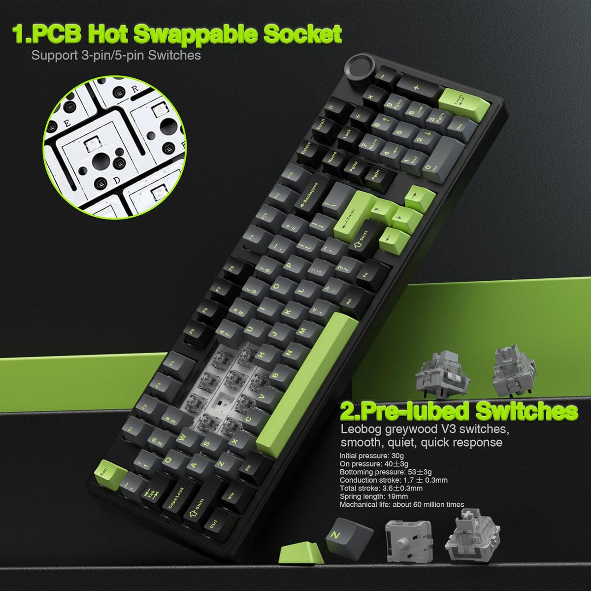 AULA F99 Pro Wireless Mechanical Keyboard with Knob,Tri-Mode BT5.0/USB-C/2.4GHz Hot Swappable Custom Keyboard,Pre-lubed Linear Switches,RGB Backlit Computer Gaming Keyboards