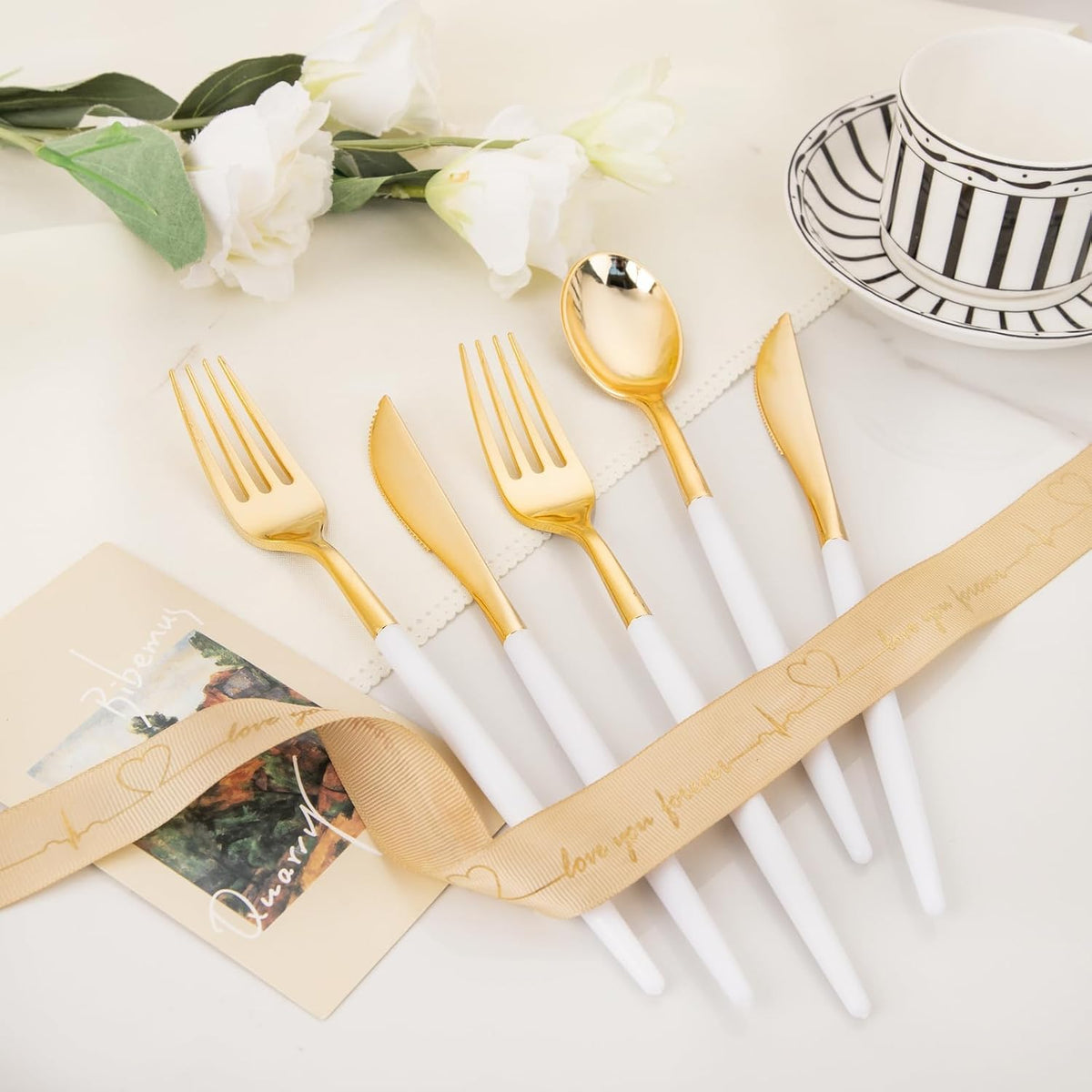 I00000 60 Pcs Gold Plastic Silverware - Heavy Duty Plastic Cutlery -Party Disposable Silverware Set,Disposable Cutlery Set Includes 20 Forks, 20 Knives, 20 Spoons Perfect for Wedding
