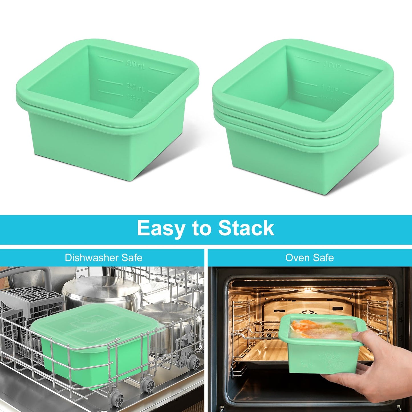 Silicone Freezer Tray with Lid 4 Pack Silicone Freezer Molds Ice Cube Tray Makes 4 Perfect 2 Cup Portions Soup Cubes Meal Prep Containers- Oven & Dishwasher Safe