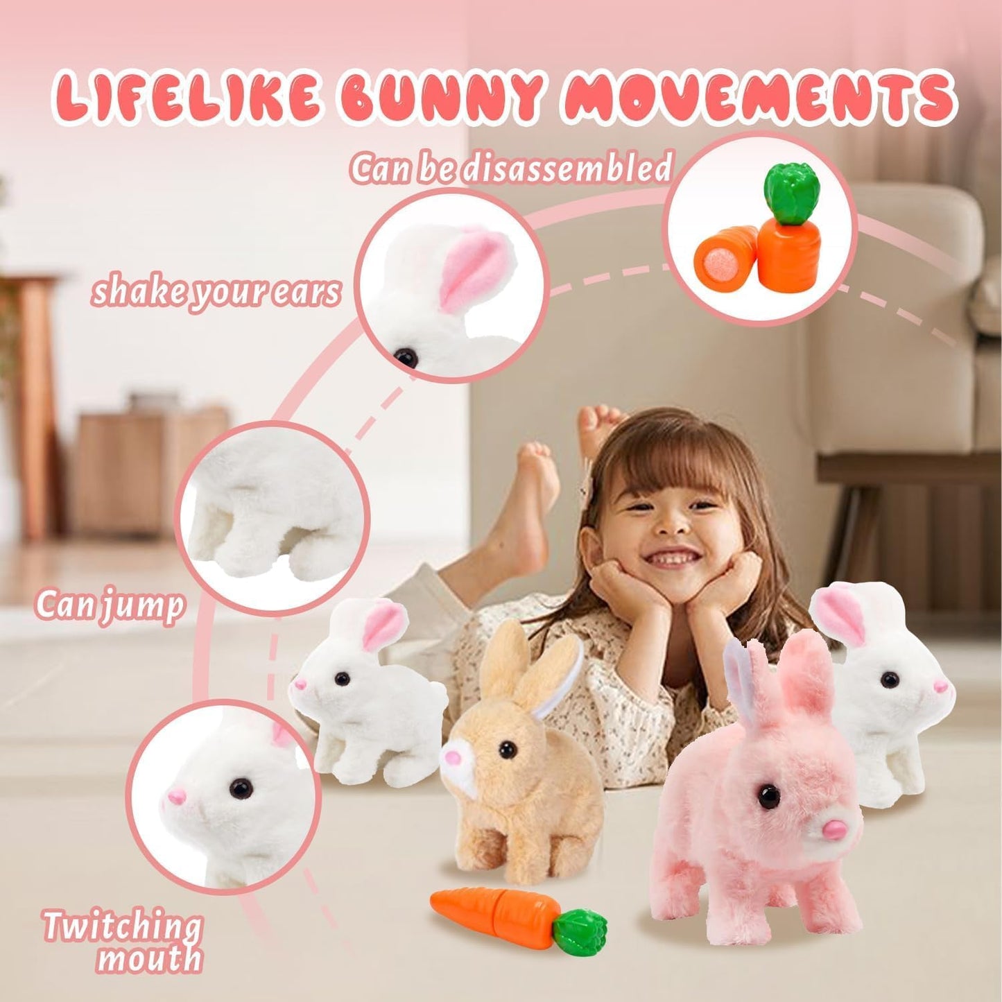 HOTKSOFT Easter Bunny Toy, Rabbit Interactive Hopping Electronic Pet Plush Bunny Toy with Sounds and Movements Animated Walking Wiggle Ears Twitch Nose (Brown+White)
