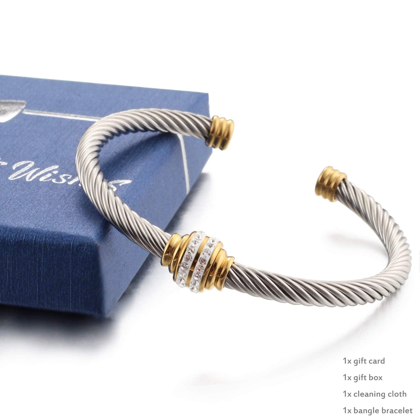 kaluoer Cable Bracelet Two Tone Stainless Steel Retro Twisted Wire Bangle Bracelet, Adjustable Cuff Bangle, Suitable, Mother, giving during festivals。 (Two Tone)