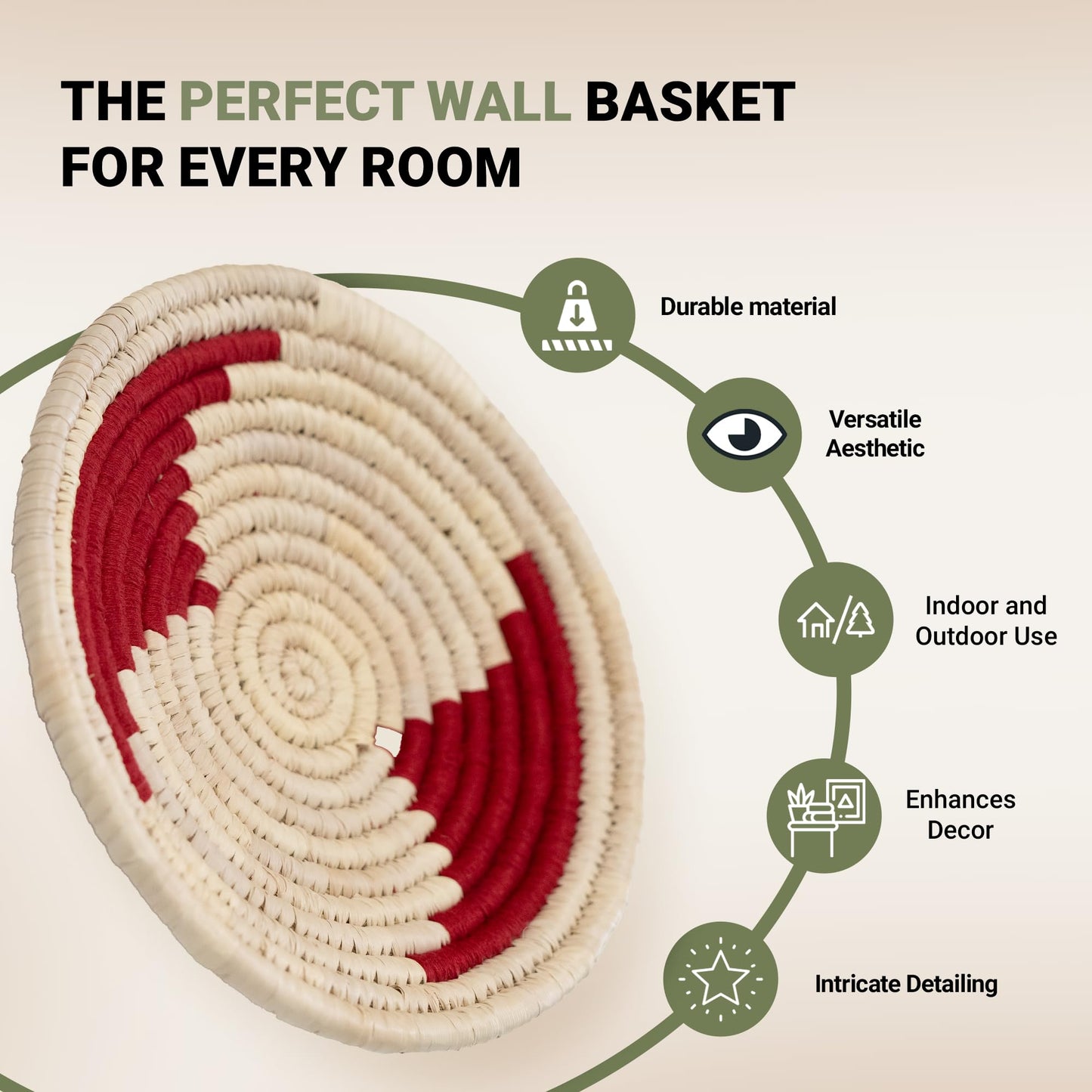 Wicker Village | Handmade Woven Wall Basket Décor | Boho Wall Art | Hanging Accent Rustic Natural Sabai Grass | Red and Beige | 8" L x 8" W x 2" H