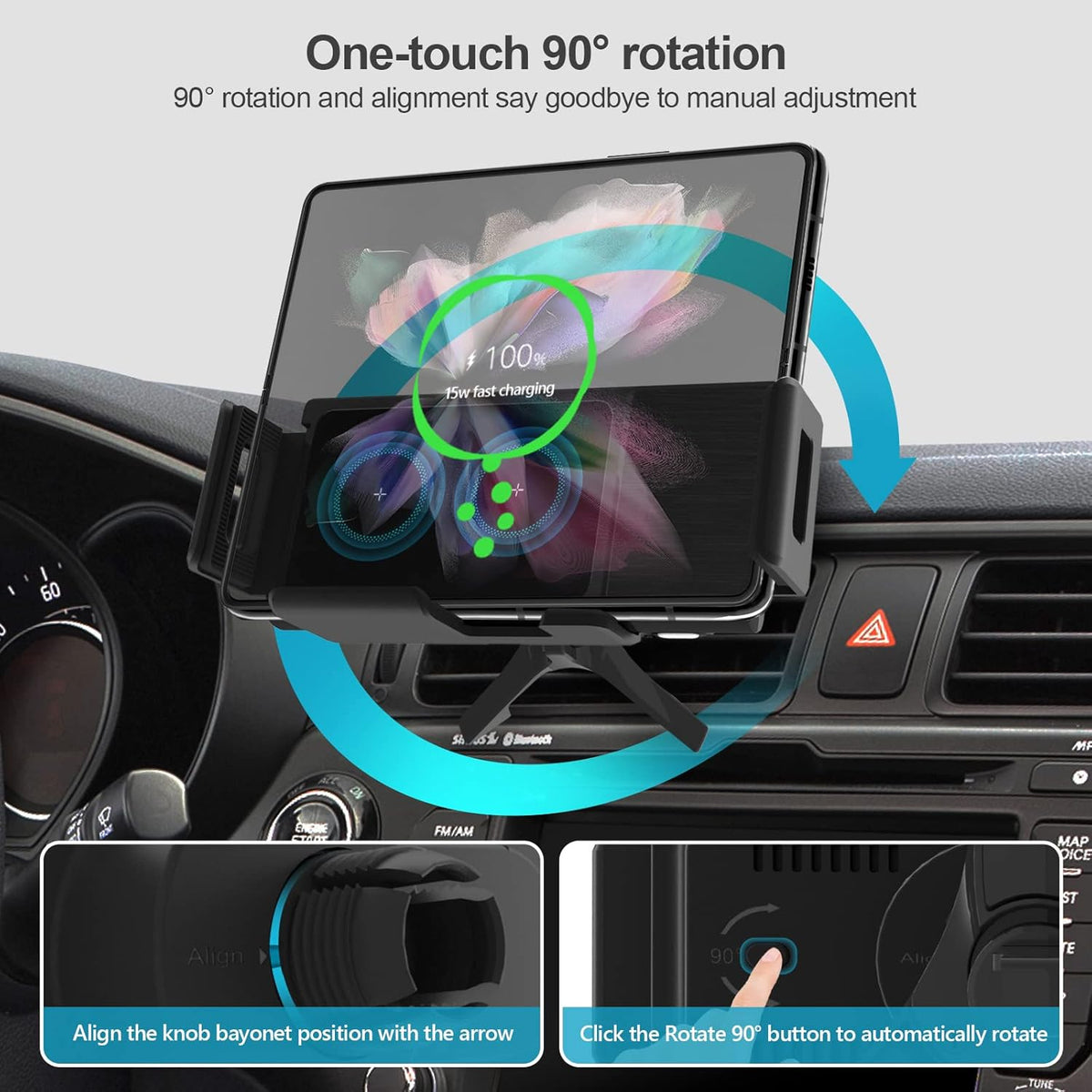 Wireless Car Charger for Z Fold 6/5/4/3, Dual Coil Cup Holder Phone Mount for Tesla, Fast Charging Auto Clamping Auto Rotation 90° Air Vent Mount for iPhone 16/15/14/13/12 Serie