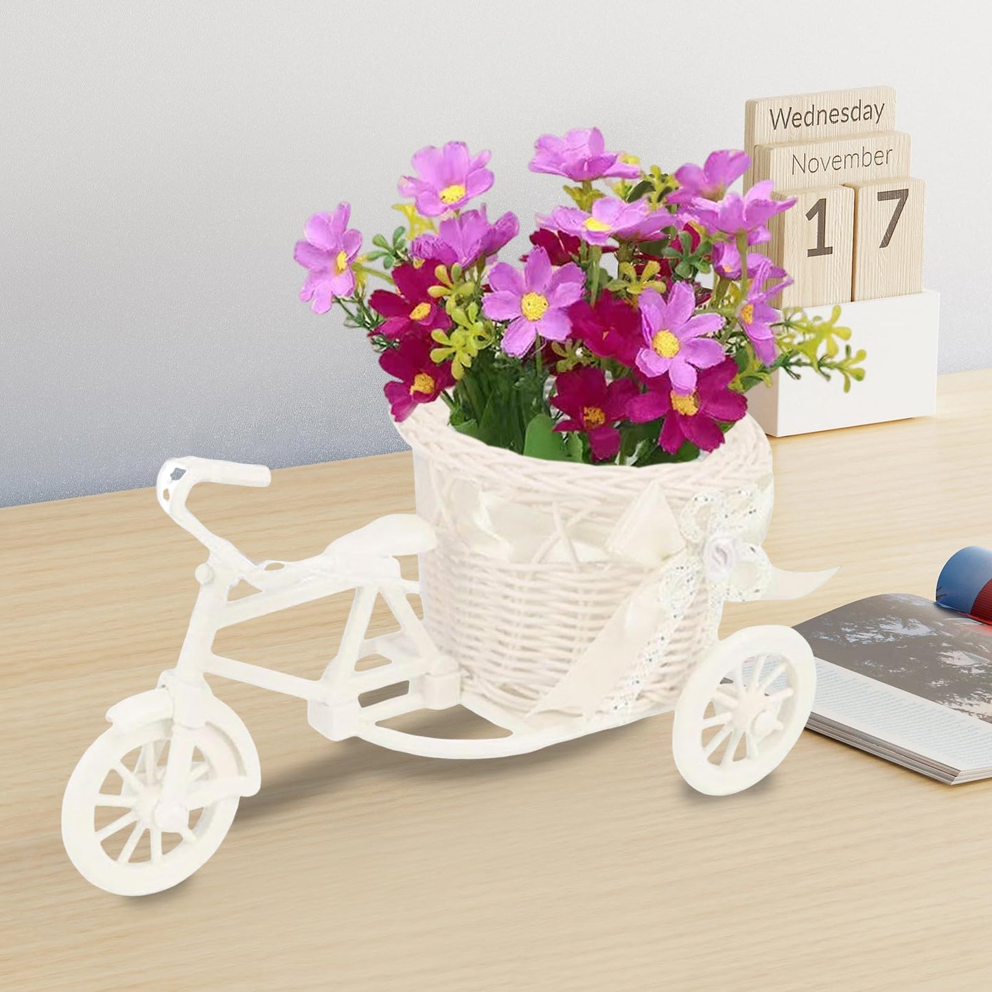 Bicycle Artificial Woven Flower Basket Tricycle Planter Decorative Nostalgic Plant Rack Flower Stand for Birthday Home Decor (Pink)