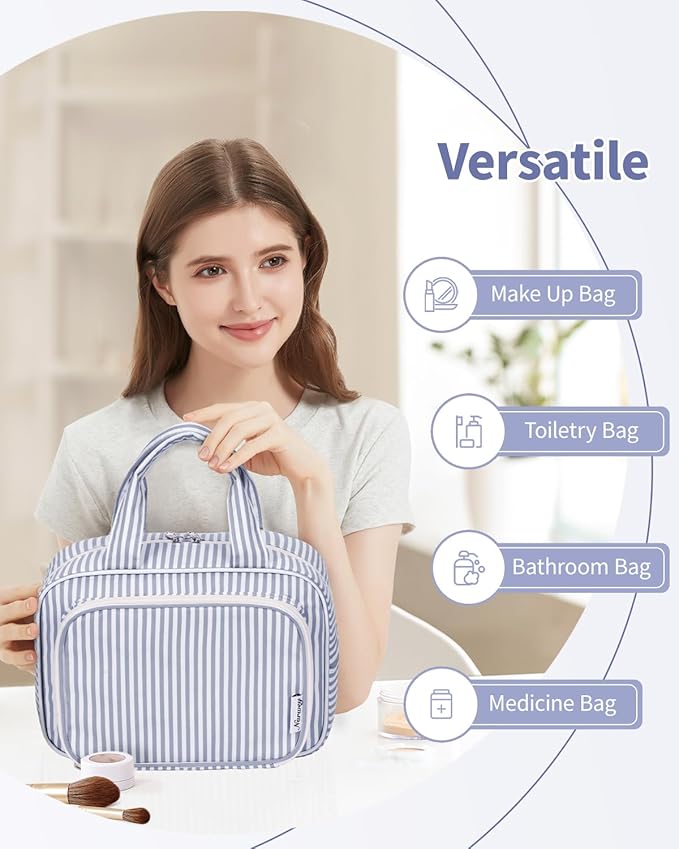 Narwey Large Travel Toiletry Bag for Traveling Women, Cosmetic Makeup Bag Make Up Organizer, Striped Travel Bag for Toiletries with Handle (Greyish Blue Stripe)