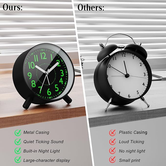 Analog Alarm Clock Night Ligh Battery Operated for Bedroom