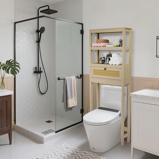 Over The Toilet Storage Cabinet, 3-Tier Behind Toilet Bathroom Organizer, Wooden Above Toilet Storage Shelf with Rattan Door, Space Saver for Restroom, Bathroom, Laundry