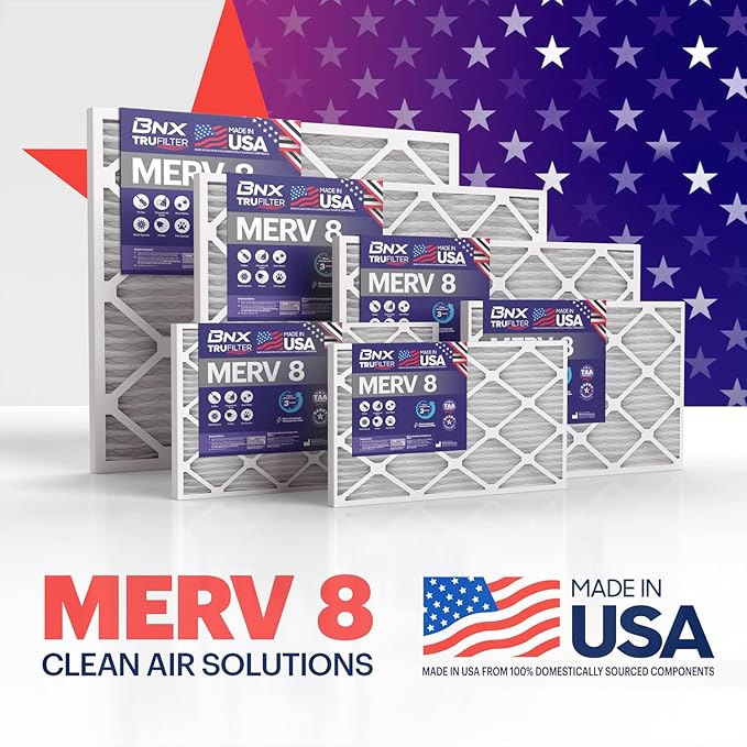 BNX TruFilter 20x25x1 Air Filter MERV 8 (12-Pack) - MADE IN USA – Dust & Pet Defense Electrostatic Pleated Air Conditioner HVAC AC Furnace Filters for Dust, Pet, Mold, Pollen MPR 600 – 700 & FPR 5