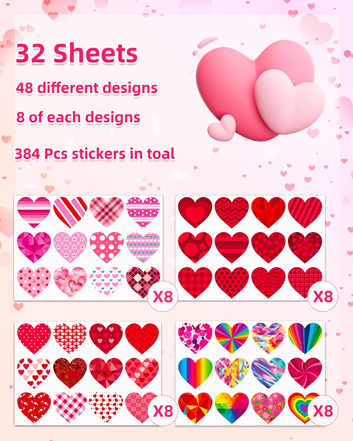 Ozepao 32 Sheets Heart Stickers, 384 Pcs Valentines Day Stickers for Kids, Holiday Sticker for Envelopes, Cards or Gifts Bags Decor (48 Designs 8 Each)
